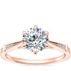 Anillo de compromiso retro de diamante con milgrain y seis puntas en oro rosado de 14 k